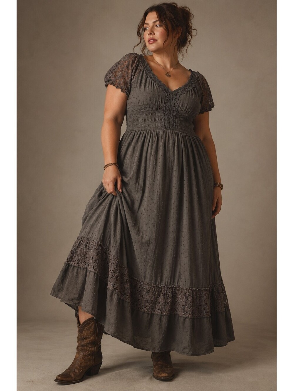 Anna Kaci Romantic Boho Lace Swiss Dot Maxi Dress Cottagecore Peasant Gray XXL